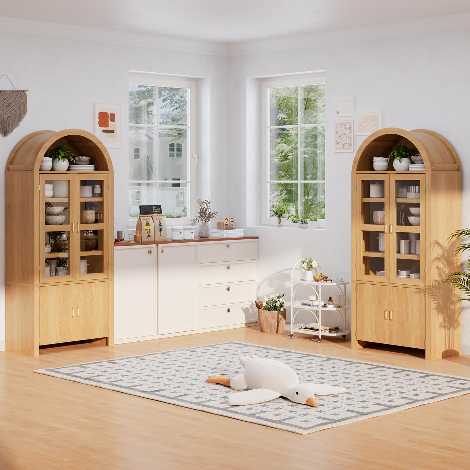 Breezestival 71" Tall Arched Kitchen Pantry Cabinet, Modern Farmhouse Wood Kitchens Storage Cabinets, Cupboard for Dining Room, Kitchen, Bathroom, Natural