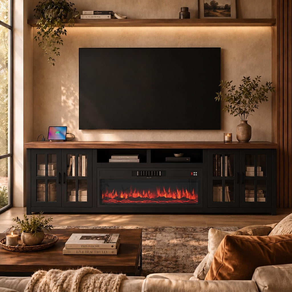 Aldercliff 98" Solid Wood Fireplace TV Stand, Entertainment Center with 40" WI-FI Electric Fireplace,Modern TV Media Console with Tempered Glass Doors for Living Room, Black