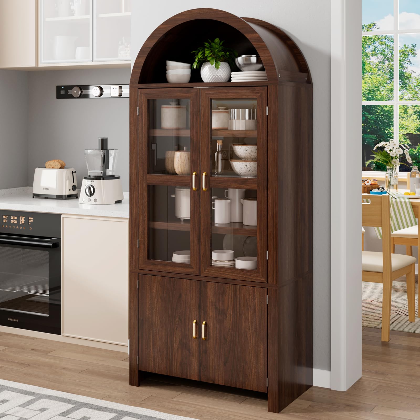 Breezestival 71" Tall Arched Kitchen Pantry Cabinet, Modern Farmhouse Wood Kitchens Storage Cabinets, Cupboard for Dining Room, Kitchen, Bathroom, Natural