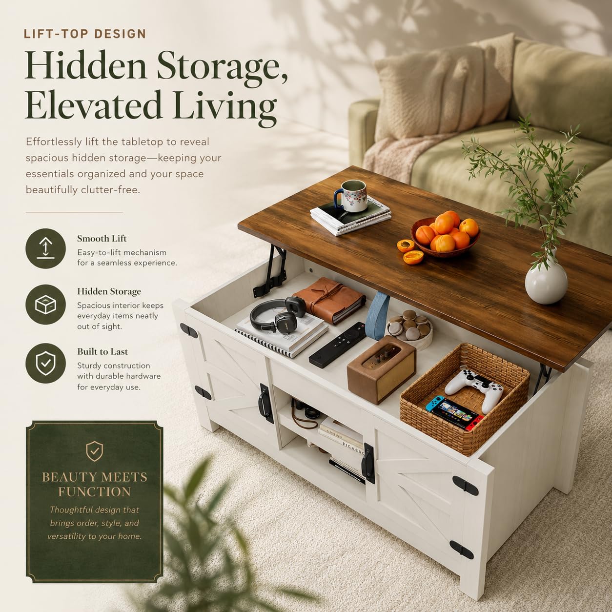 Farmhouse Lift Top Coffee Table with Barn Door, 48” Rustic Center Table for Living Room, Coffee Table with Hidden Storage Compartment, White