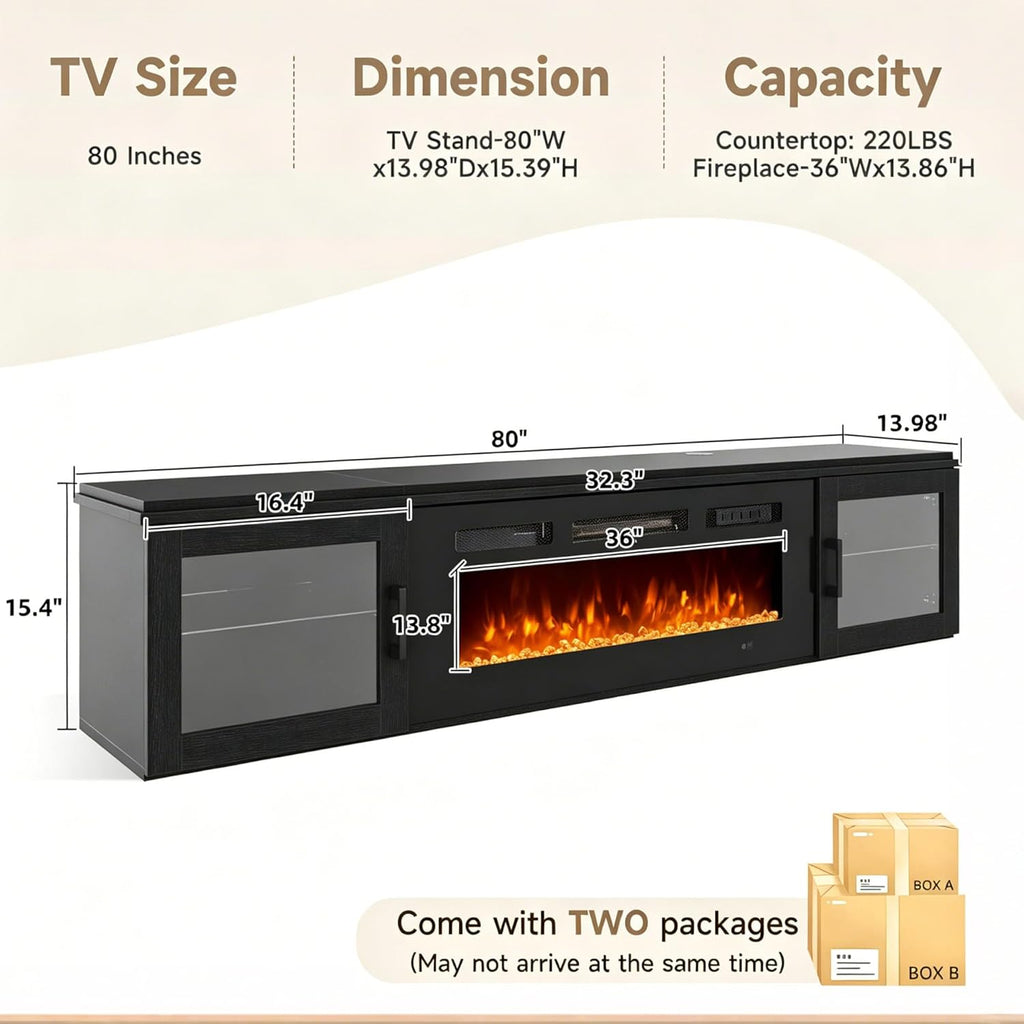 Nordivale 80" Floating TV Stand with 36" Electric Fireplace, Wall Mounted Fireplace Entertainment Center with Storage for TVs Up to 90",WI-FI Enable Fireplace TV Stand for Living Room,Brown&Black