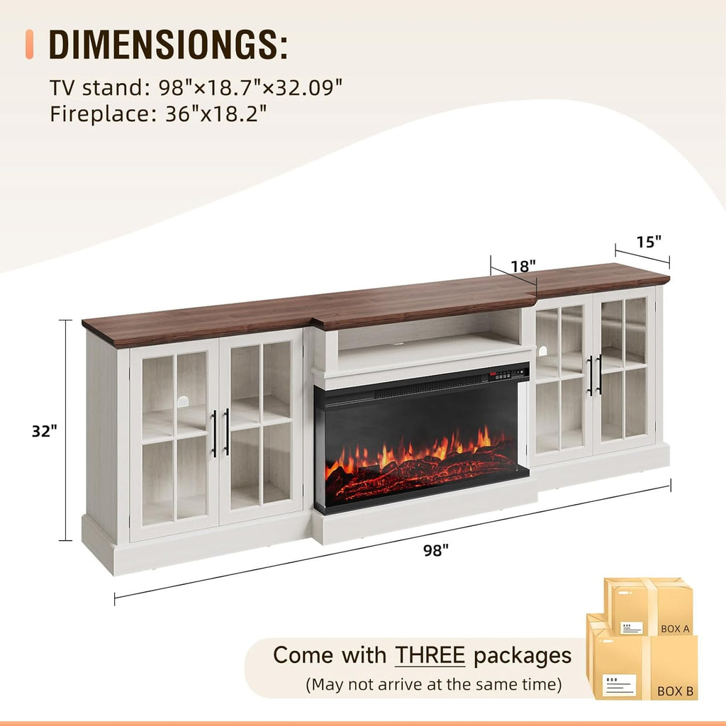 Nordivale 98" Farmhouse Fireplace TV Stand,Tv Console with 36" Fireplace for TVs up to 100", Entertainment Center with Adjustable Shelves and Large Storage Cabinets, for Living Room, White & Black