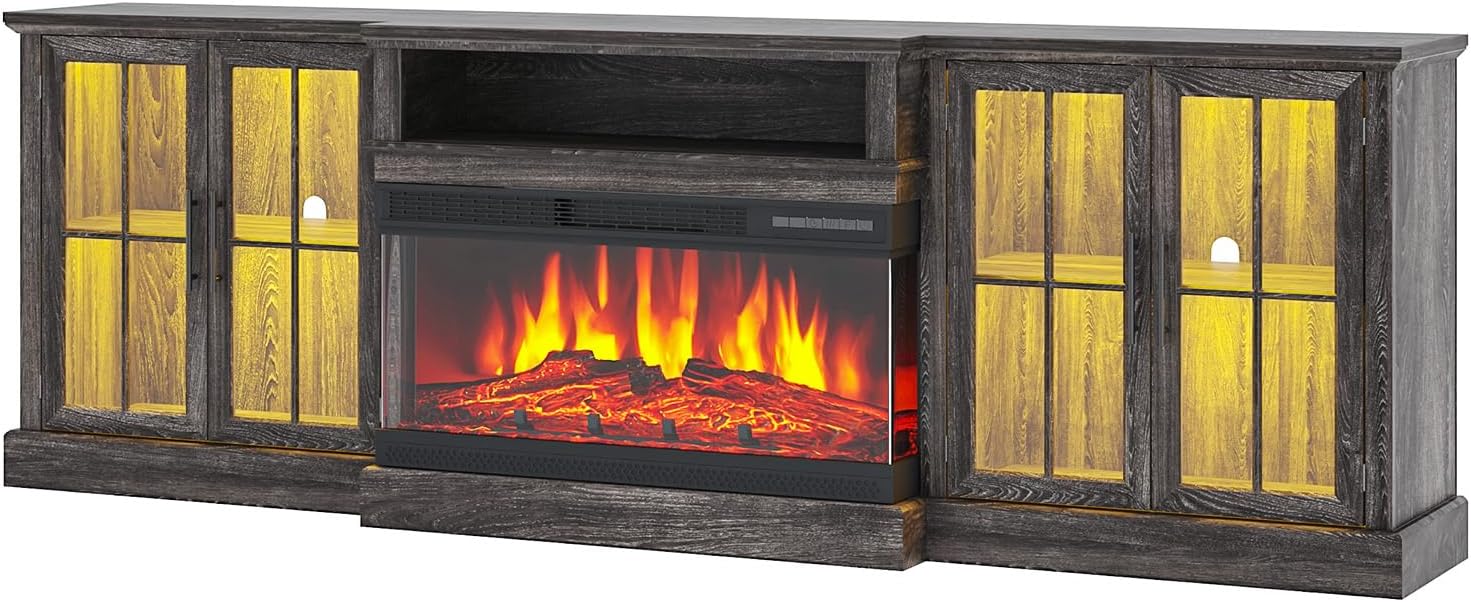 Nordivale 98" Farmhouse Fireplace TV Stand,TV Console with 36" Fireplace for TVs up to 100", Entertainment Center with Adjustable Shelves and Large Storage Cabinets, for Living Room, Gray & Black