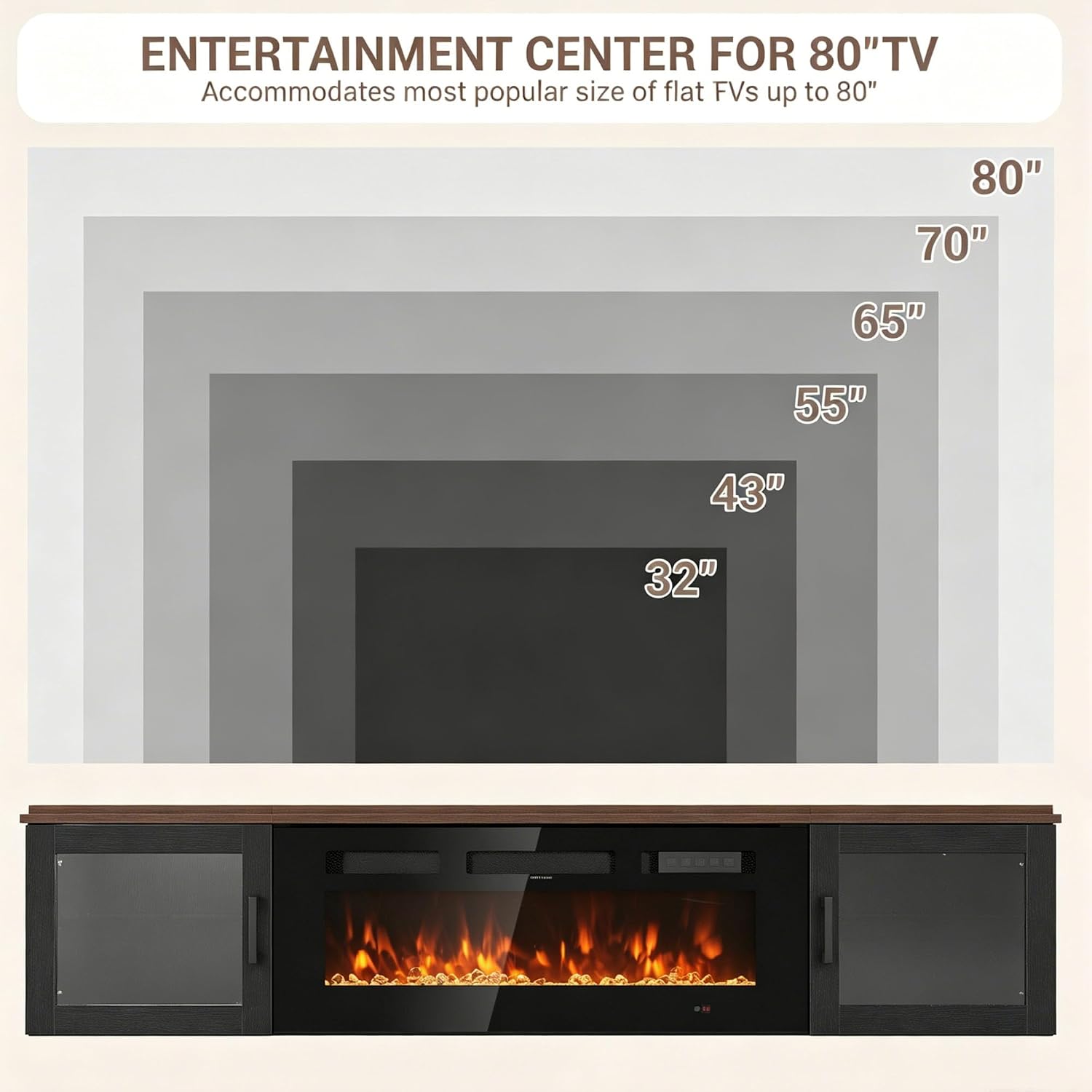 Nordivale 70" Floating TV Stand,Floating Wall Mounted Fireplace Entertainment Center with Storage for TVs Up to 80",Electric Fireplace TV Stand for Living Room,WI-FI Enable,Walnut&Black