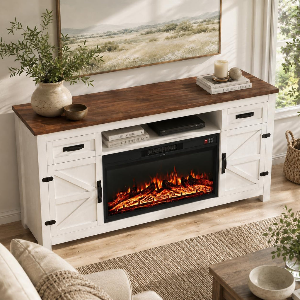 Nordivale Fireplace TV Stand with Barn Door, Farmhouse Fireplace Entertainment Center with Electric Fireplace and Storage for Living Room, 70inch, White