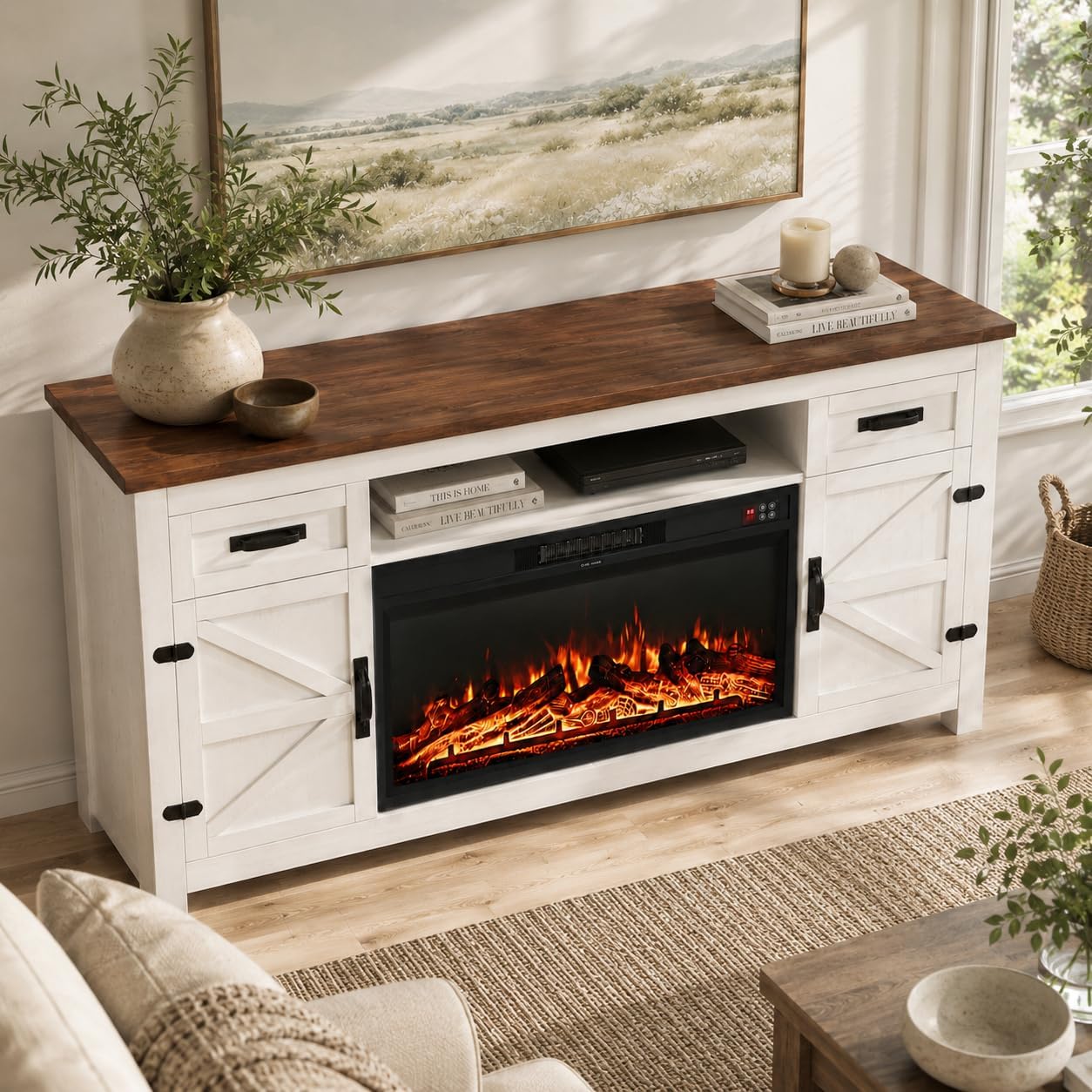 Nordivale Fireplace TV Stand with Barn Door, Farmhouse Fireplace Entertainment Center with Electric Fireplace and Storage for Living Room, 70inch, White