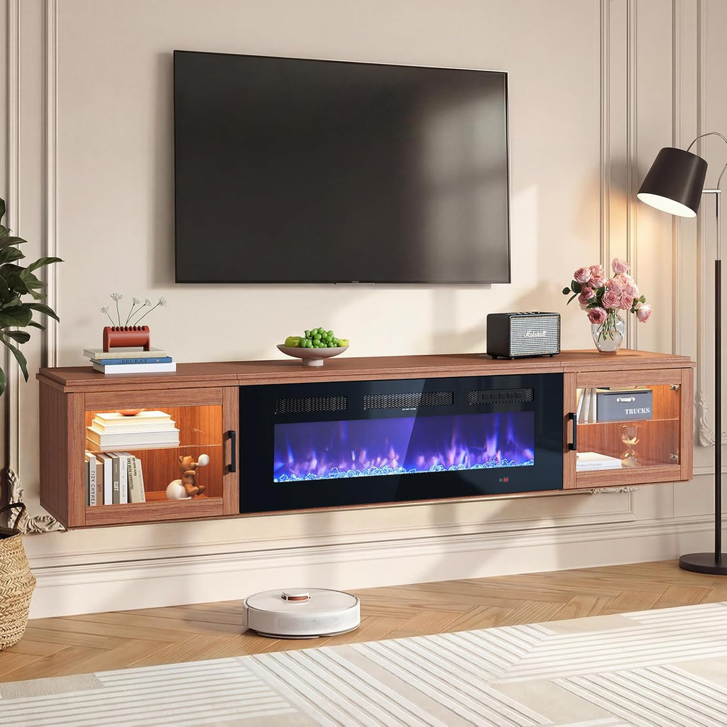 Nordivale 70" Floating TV Stand with 36" Electric Fireplace, Wall Mounted Fireplace Entertainment Center with Storage for TVs Up to 80",Fireplace TV Stand for Living Room，Brown&Black