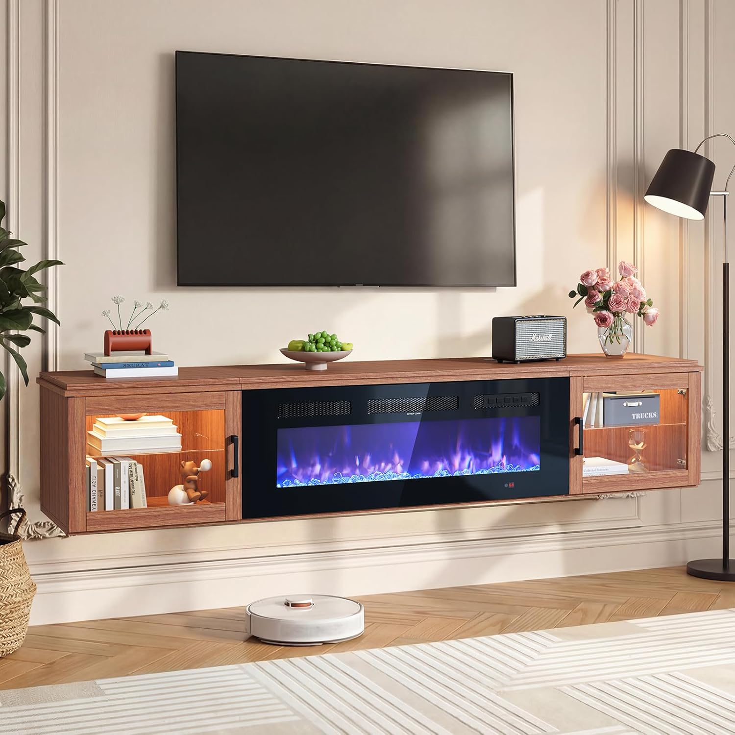 Nordivale 70" Floating TV Stand with 36" Electric Fireplace, Wall Mounted Fireplace Entertainment Center with Storage for TVs Up to 80",Fireplace TV Stand for Living Room，Brown&Black