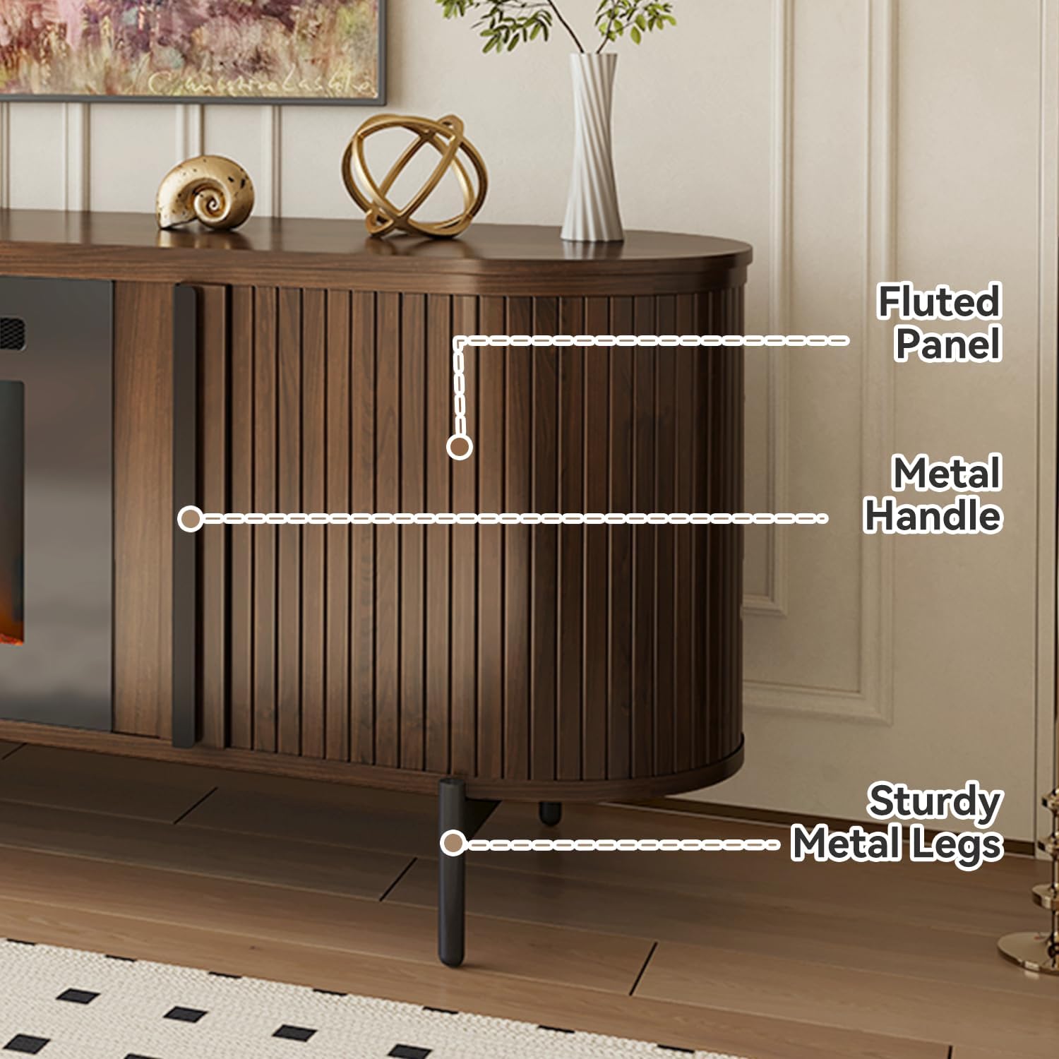 Luxury 70" Fluted TV Stand with Fireplace, Mid Century Modern TV Stand, Entertainment Center for TVs Up to 80", Electric Fireplace TV Console for Living Room with Storage,70 Inch, Brown