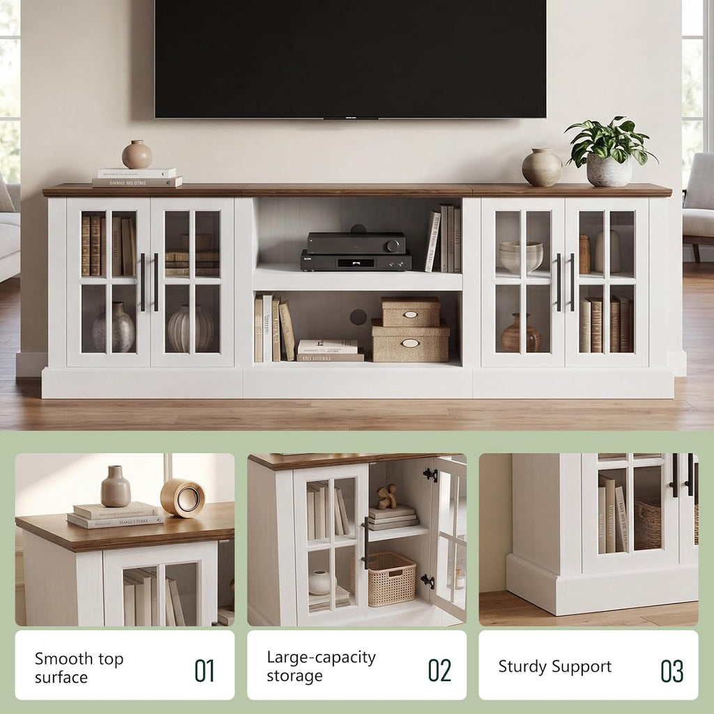 Breezestival 80 Inch Farmhouse TV Stand for TVs up to 90", Media Entertainment Center with Adjustable Shelves and Large Storage Cabinets, for Living Room, White