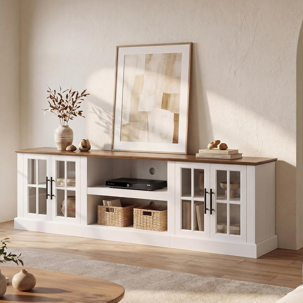 Breezestival 90 Inch Farmhouse TV Stand for TVs up to 100", Media Entertainment Center with Adjustable Shelves and Large Storage Cabinets, for Living Room, White