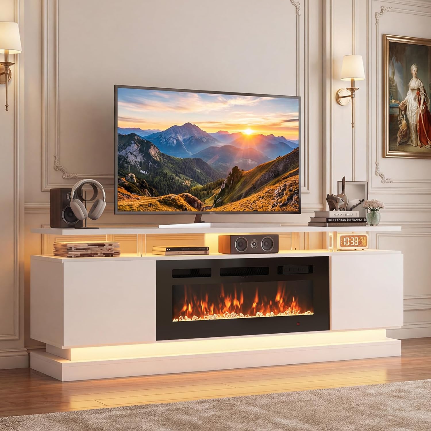 Breezestival 70" Fireplace TV Stand for TVs up to 80", Modern Entertainment Center with Black Fireplace and Storage, White