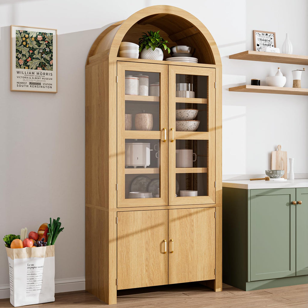 Breezestival 71" Tall Arched Kitchen Pantry Cabinet, Modern Farmhouse Wood Kitchens Storage Cabinets, Cupboard for Dining Room, Kitchen, Bathroom, Natural