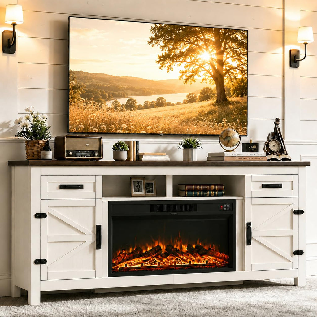 Fireplace TV Stand with Barn Door for TVs up to 90", Farmhouse Fireplace Entertainment Center with Storage Cabinets, 80 inch, White & Black