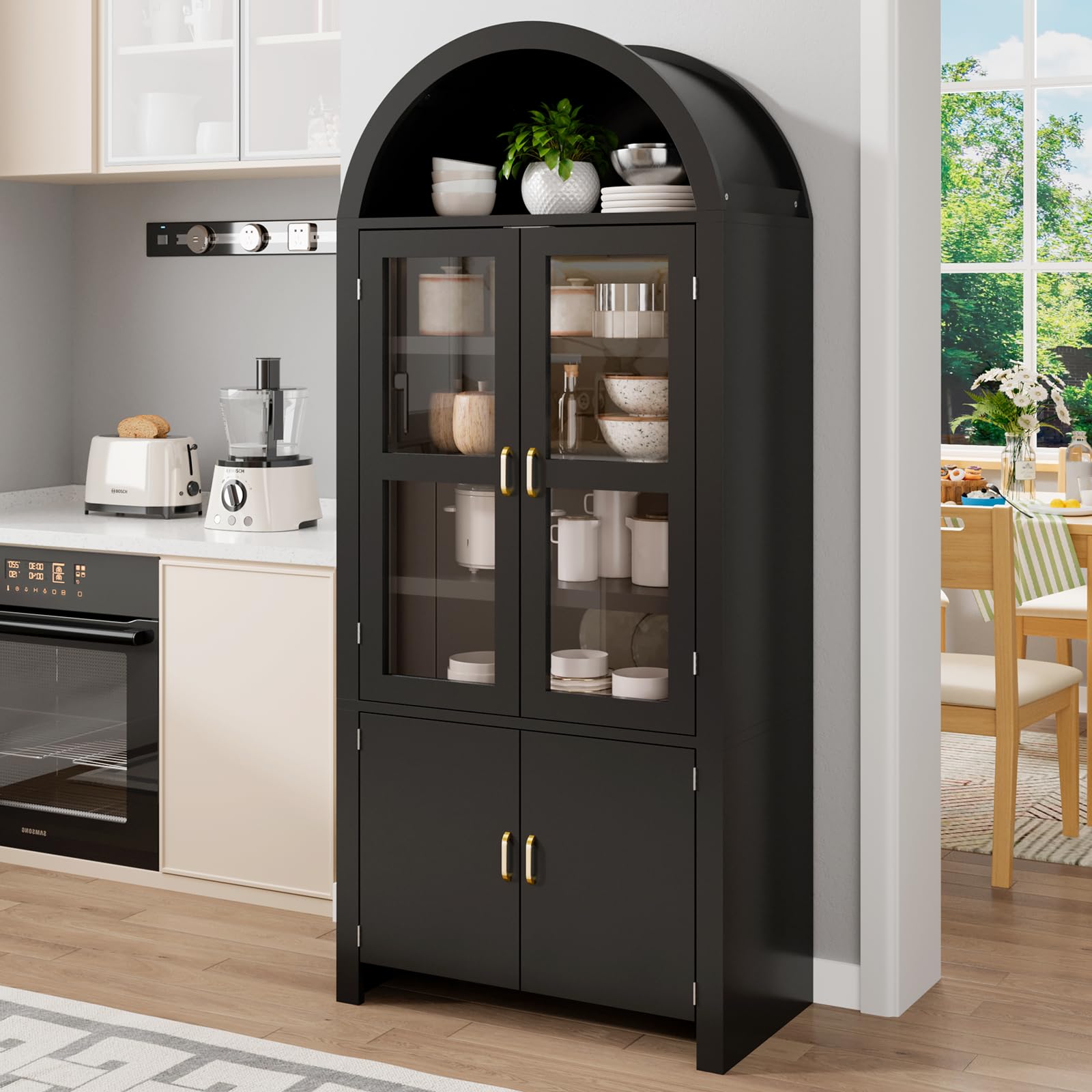 Breezestival 71" Tall Arched Kitchen Pantry Cabinet, Modern Farmhouse Wood Kitchens Storage Cabinets, Cupboard for Dining Room, Kitchen, Bathroom, Natural