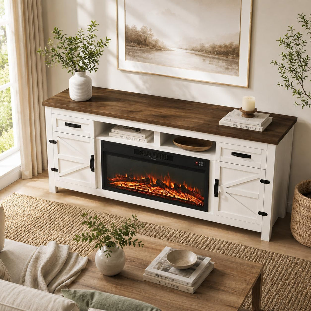 Nordivale Fireplace TV Stand with Barn Door, Farmhouse Fireplace Entertainment Center with Electric Fireplace and Storage for Living Room, 80inch, White