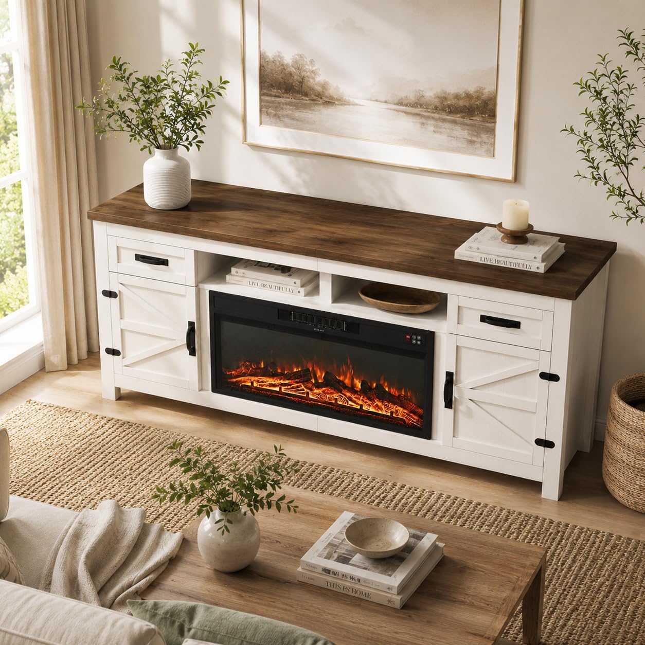 Nordivale Fireplace TV Stand with Barn Door, Farmhouse Fireplace Entertainment Center with Electric Fireplace and Storage for Living Room, 80inch, White
