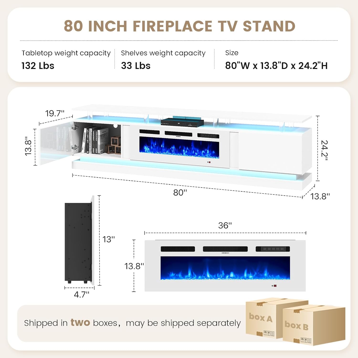 Nordivale 80" Fireplace TV Stand, Modern Entertainment Center for TVs Up to 90", TV Console with Storage Cabinets, Media Console for Living Room, White TV Stand and Black Fireplace