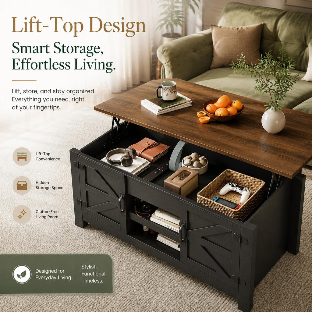 Farmhouse Lift Top Coffee Table with Barn Door, 48” Rustic Center Table for Living Room, Coffee Table with Hidden Storage Compartment, Black