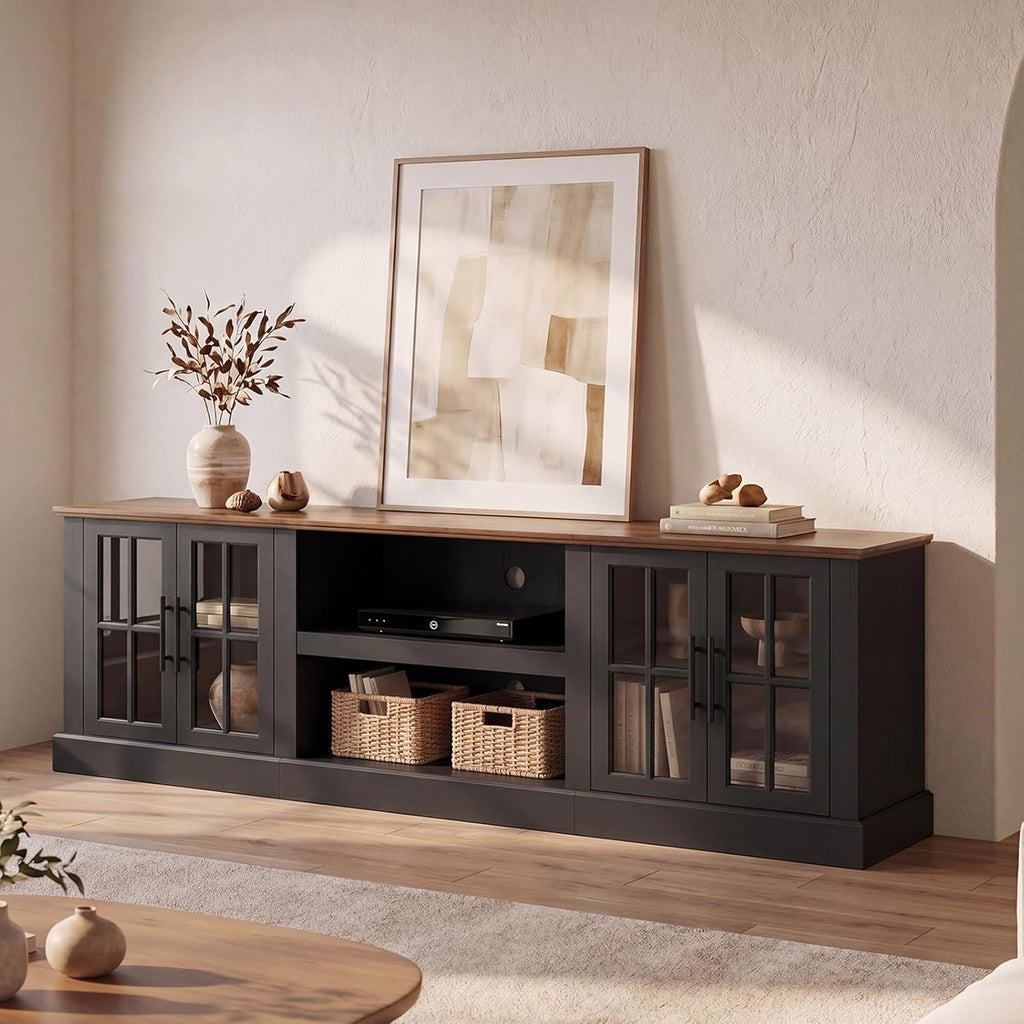Breezestival 90" Farmhouse TV Stand for TVs up to 100", Media Entertainment Center with Adjustable Shelves and Large Storage Cabinets, for Living Room, Black