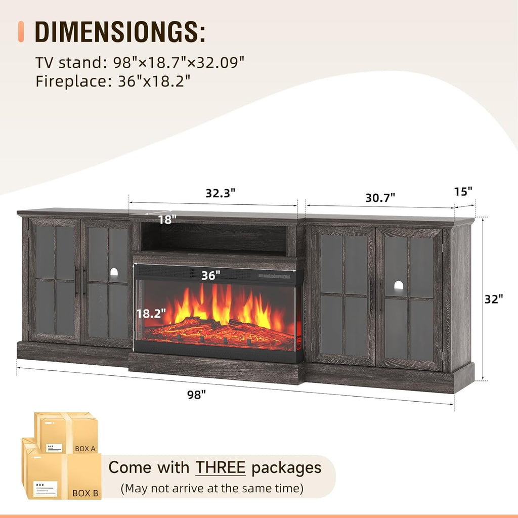 Nordivale 98" Farmhouse Fireplace TV Stand,TV Console with 36" Fireplace for TVs up to 100", Entertainment Center with Adjustable Shelves and Large Storage Cabinets, for Living Room, Gray & Black