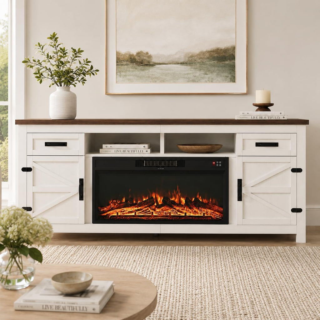 Nordivale Fireplace TV Stand with Barn Door, Farmhouse Fireplace Entertainment Center with Electric Fireplace and Storage for Living Room, 80inch, White