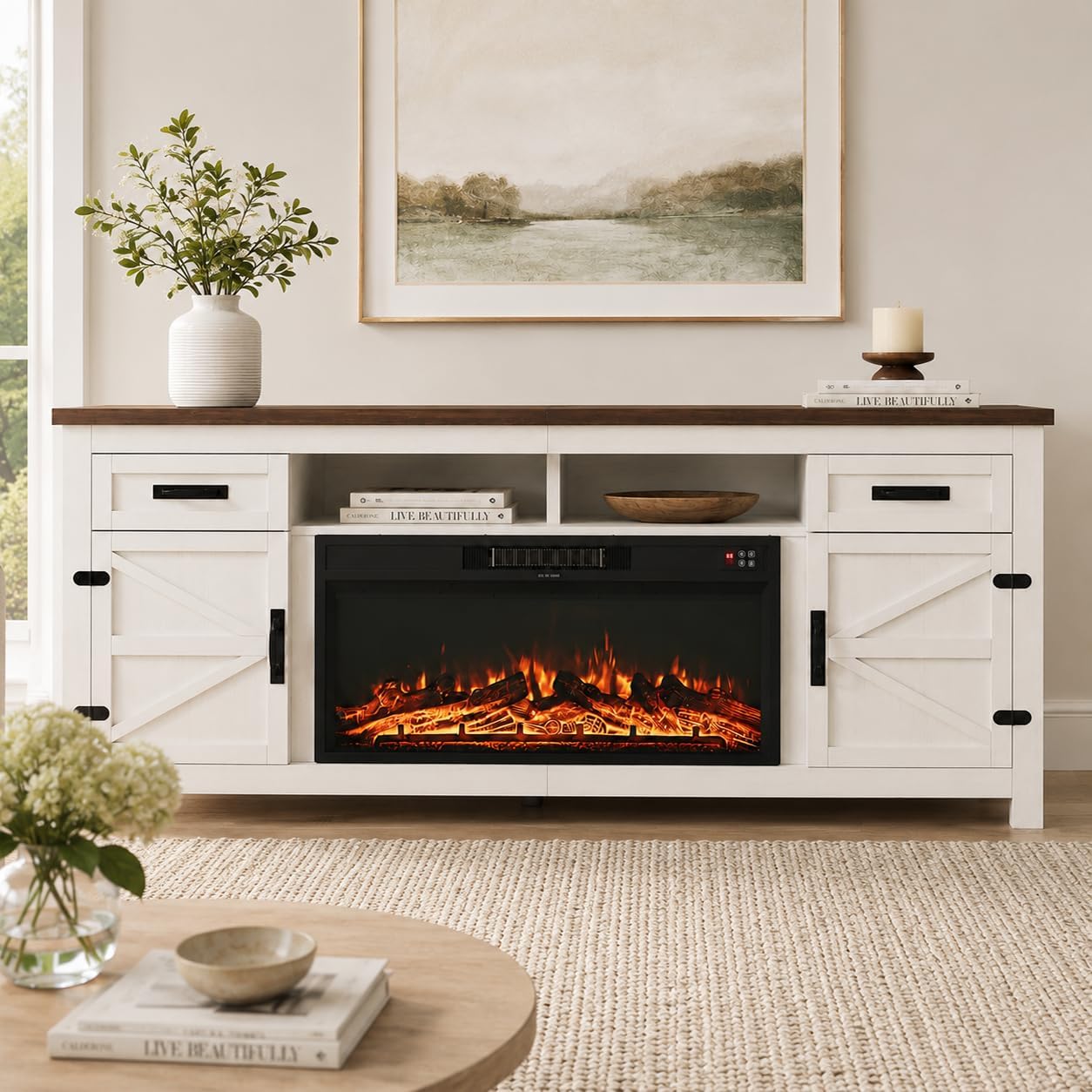 Nordivale Fireplace TV Stand with Barn Door, Farmhouse Fireplace Entertainment Center with Electric Fireplace and Storage for Living Room, 80inch, White