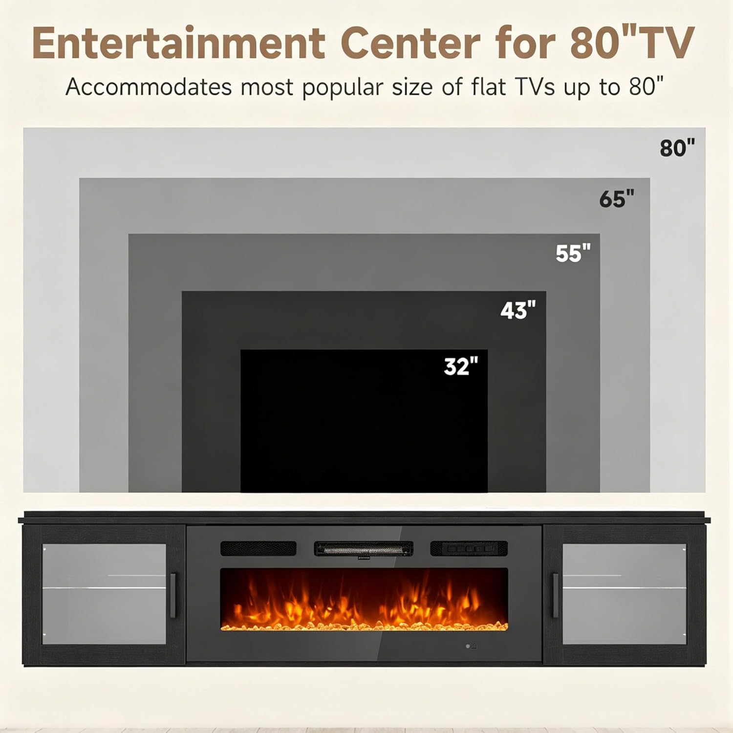 Nordivale 80" Floating TV Stand with 36" Electric Fireplace, Wall Mounted Fireplace Entertainment Center with Storage for TVs Up to 90",WI-FI Enable Fireplace TV Stand for Living Room,Brown&Black