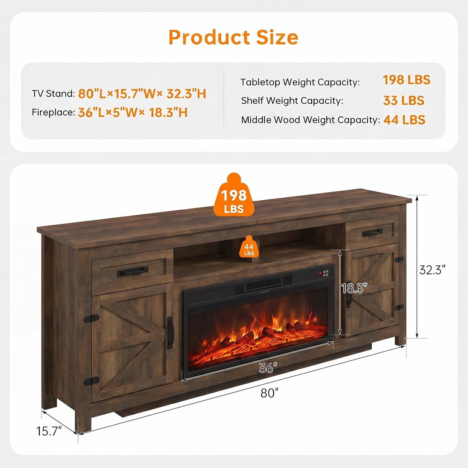 Breezestival Fireplace TV Stand, 80" Farmhouse TV Stand with Barn Door for 85" TVs, Entertainment Center with Black Fireplace & Storage, Brown