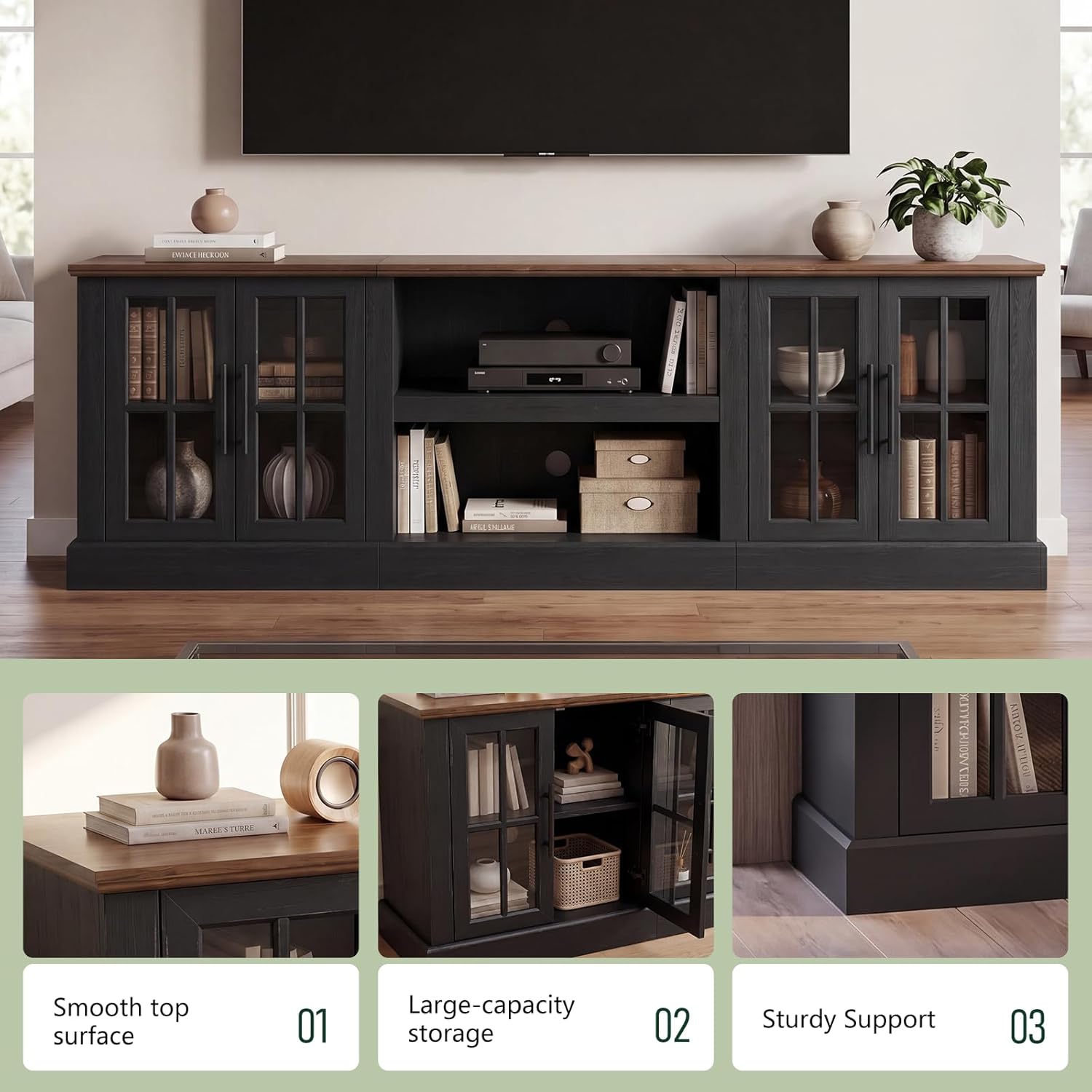 Breezestival 80 Inch Farmhouse TV Stand for TVs up to 90", Media Entertainment Center with Adjustable Shelves and Large Storage Cabinets, for Living Room, Black