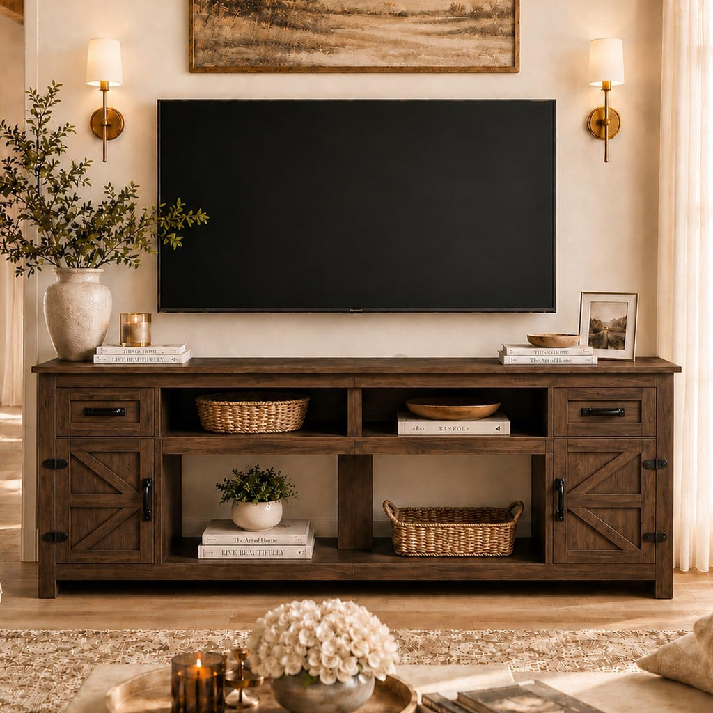 DATEYES Fireplace TV Stand with Barn Door, Farmhouse Entertainment Center with Fireplace, TV Console for Living Room