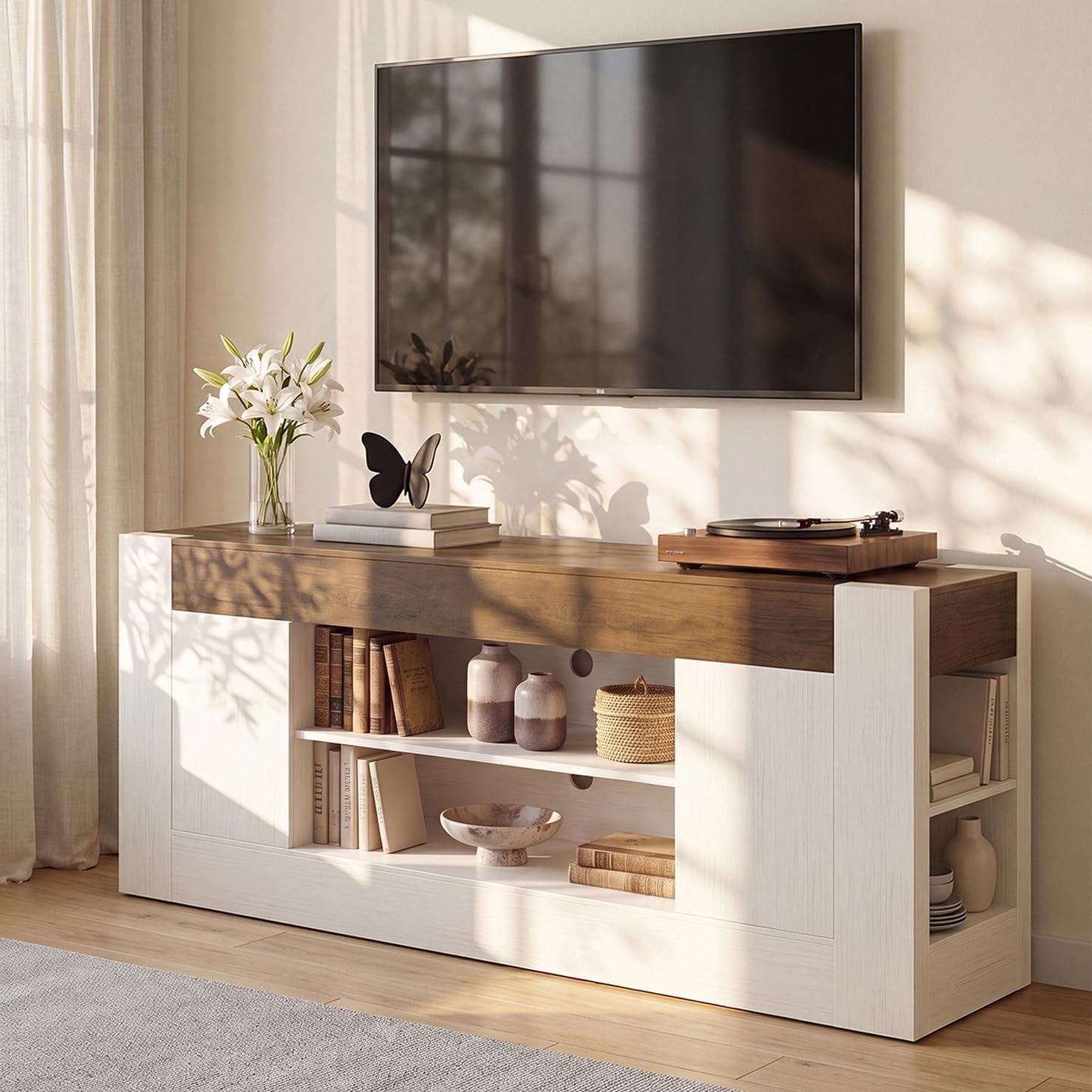 70 inch TV Stand for TVs Up to 80 Inches with Storage, White | Modern Entertainment Center and Media Console with Open Shelves, 2 Side Cabinets and Thick-Frame Design for Living Rooms