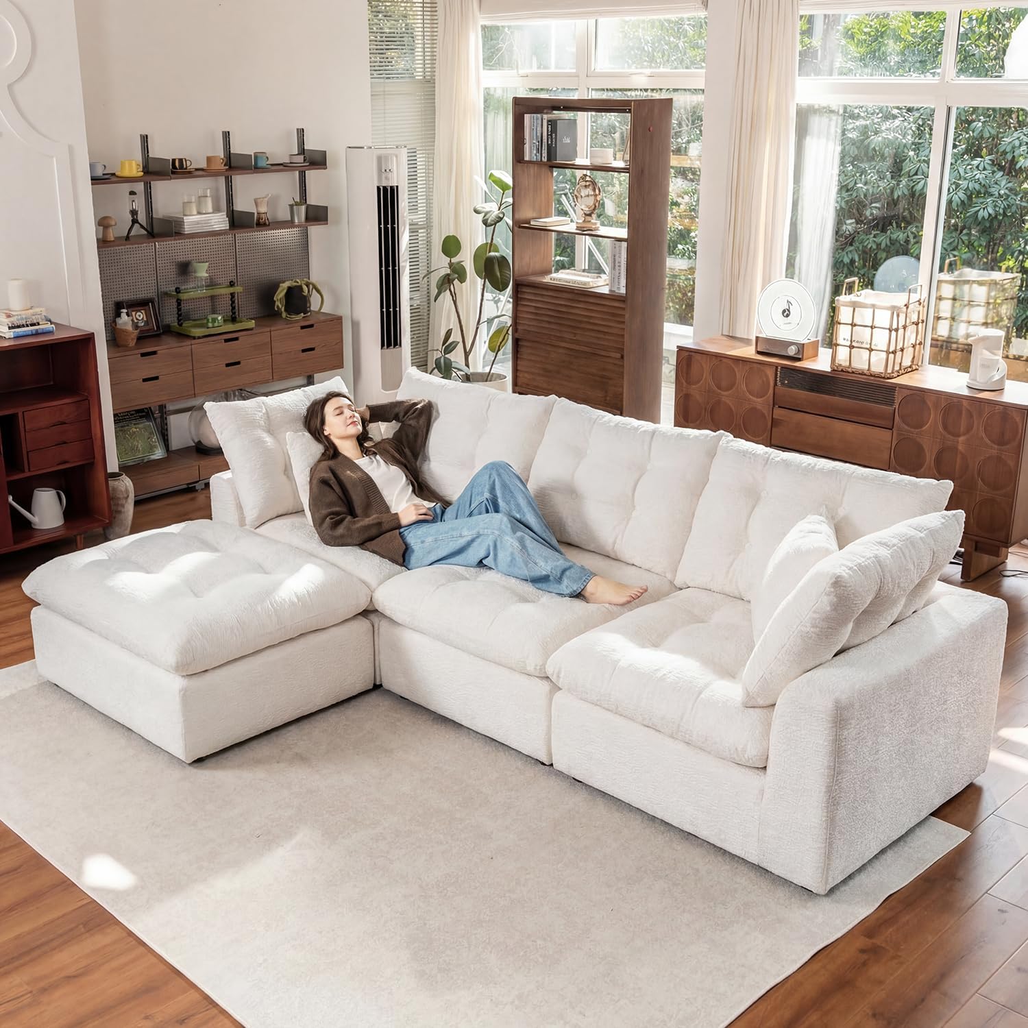 Nordivale 110" Cloud Sectional Couches L-Shaped Modular Boneless Chenille Sofa Couches with Deep Seat Ottoman and Side Pockets, Module Combination for Living Room 3 Seater
