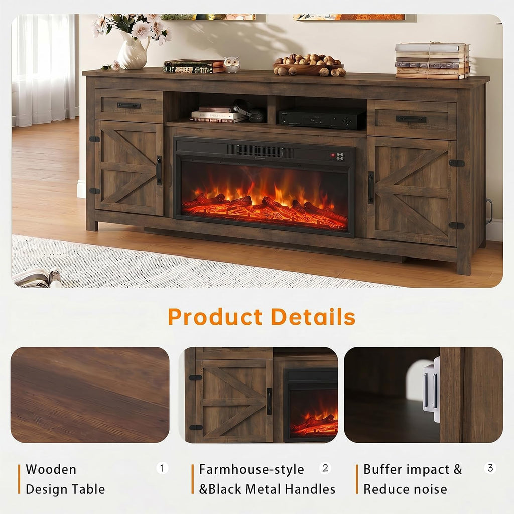 Breezestival Fireplace TV Stand, 80" Farmhouse TV Stand with Barn Door for 85" TVs, Entertainment Center with Black Fireplace & Storage, Brown
