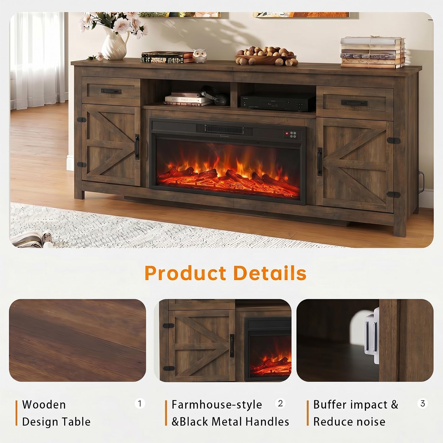 Breezestival Fireplace TV Stand, 80" Farmhouse TV Stand with Barn Door for 85" TVs, Entertainment Center with Black Fireplace & Storage, Brown