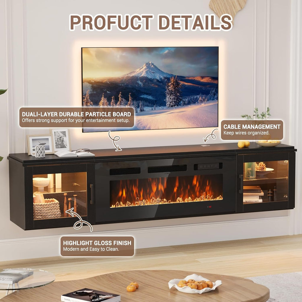 Nordivale 70" Floating TV Stand with 36" Electric Fireplace, Wall Mounted Fireplace Entertainment Center with Storage for TVs Up to 80",Fireplace TV Stand for Living Room，Black&Black