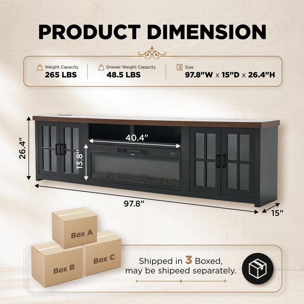 Aldercliff 98" Solid Wood Fireplace TV Stand, Entertainment Center with 40" WI-FI Electric Fireplace,Modern TV Media Console with Tempered Glass Doors for Living Room, Black