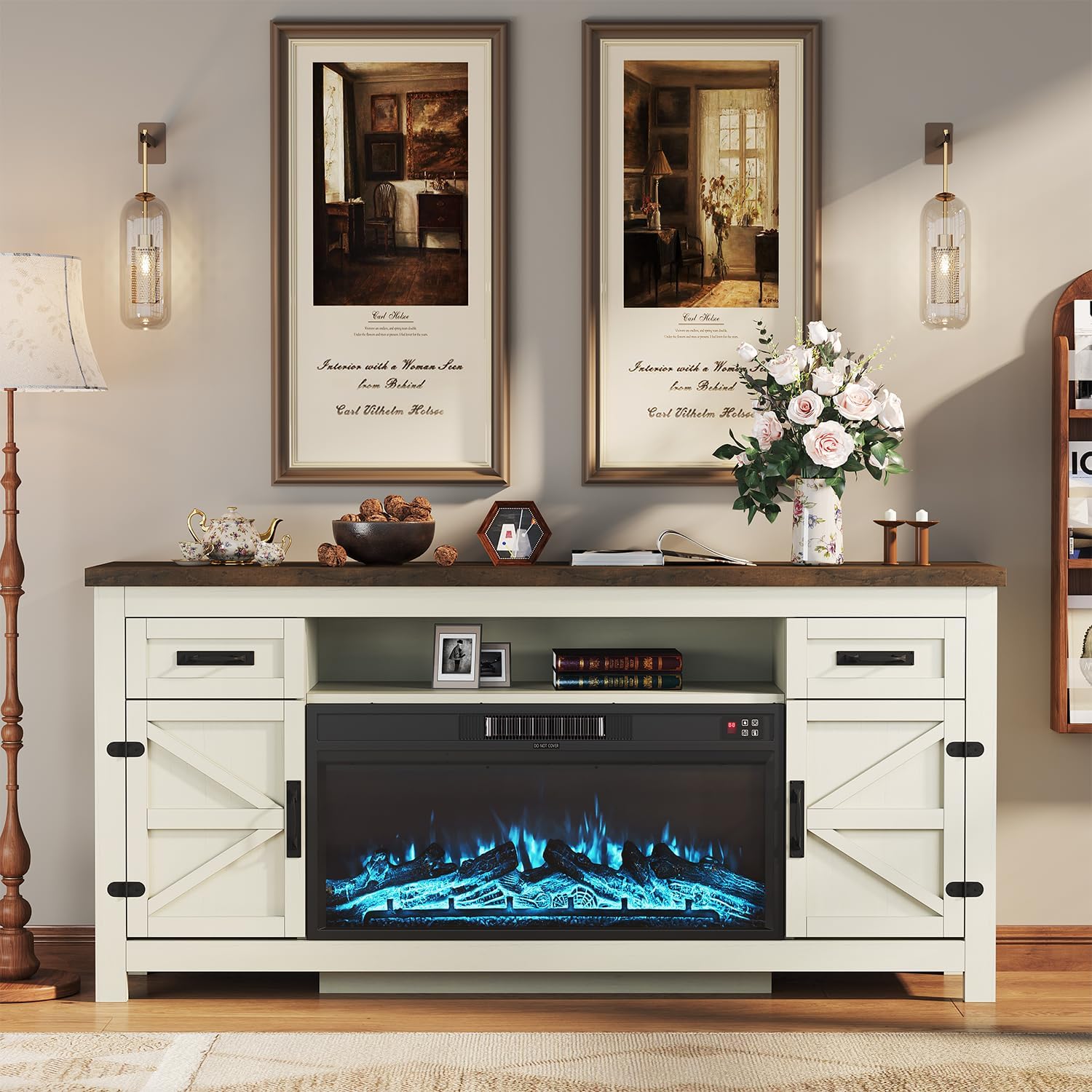 DATEYES Fireplace TV Stand with Barn Door, Farmhouse Entertainment Center with Fireplace, TV Console for Living Room