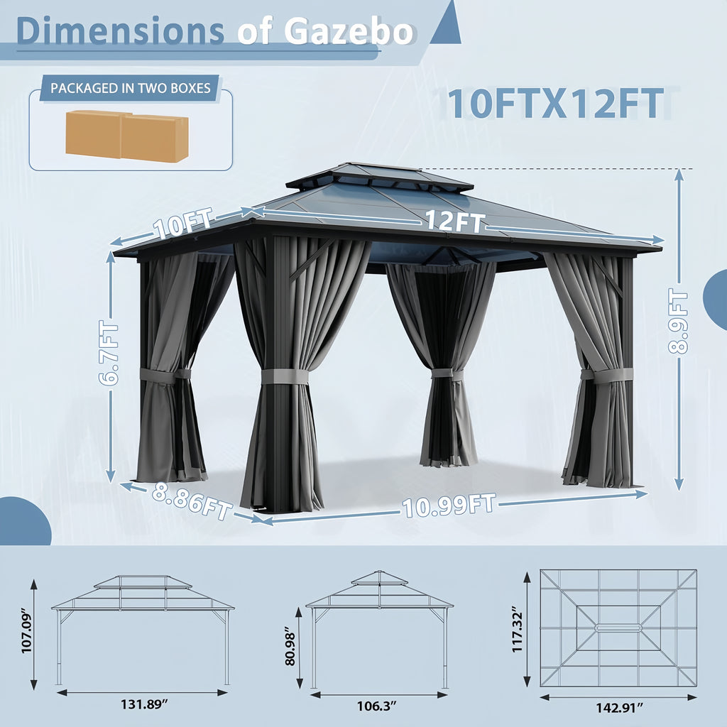 Breezestival 10'x12' Hardtop Gazebo Outdoor Permanent Gazebo with Double Polycarbonate Roof Canopy, Aluminum Frame Permanent Pavilion with Curtains and Netting for Patio,Garden,Lawns
