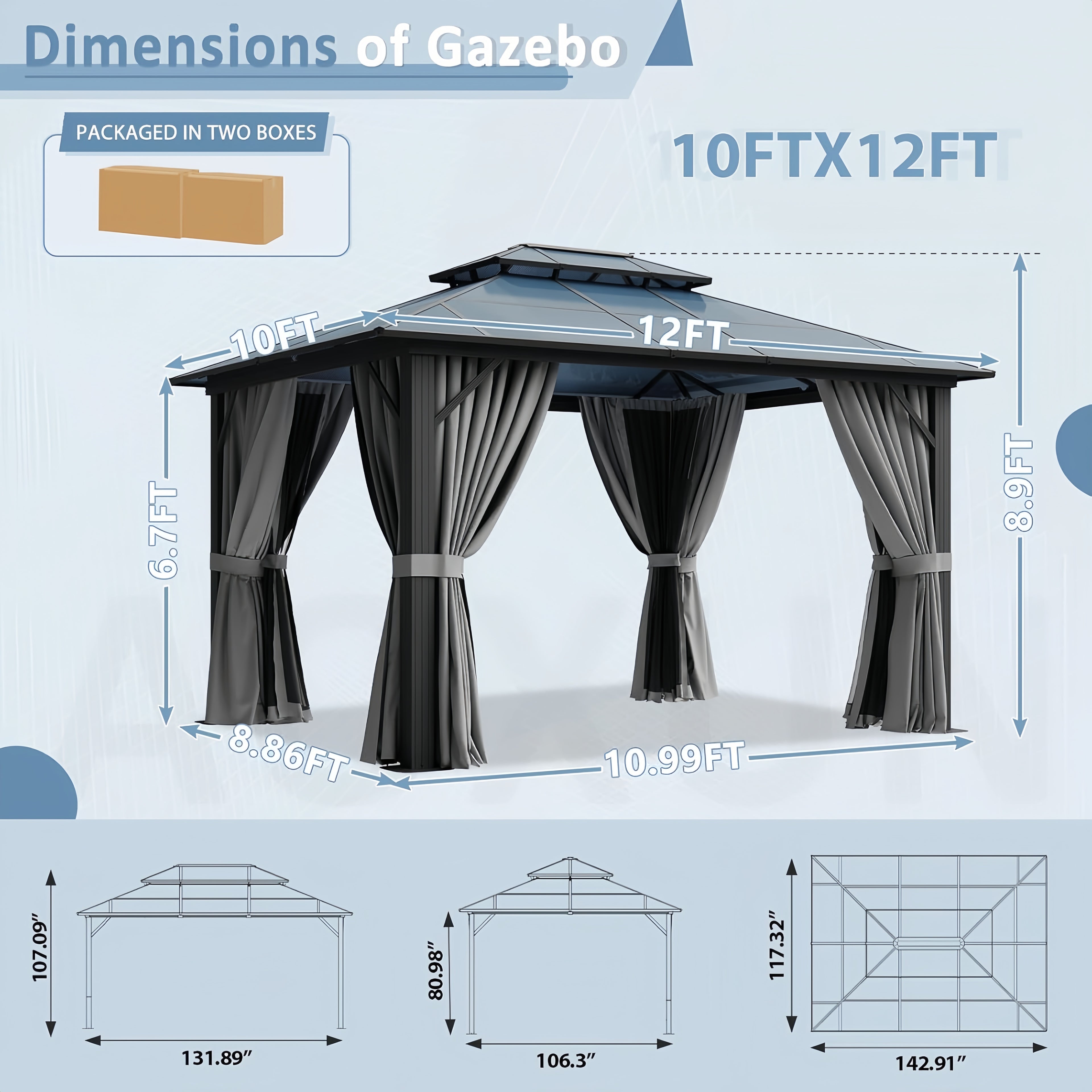 Breezestival 10'x12' Hardtop Gazebo Outdoor Permanent Gazebo with Double Polycarbonate Roof Canopy, Aluminum Frame Permanent Pavilion with Curtains and Netting for Patio,Garden,Lawns