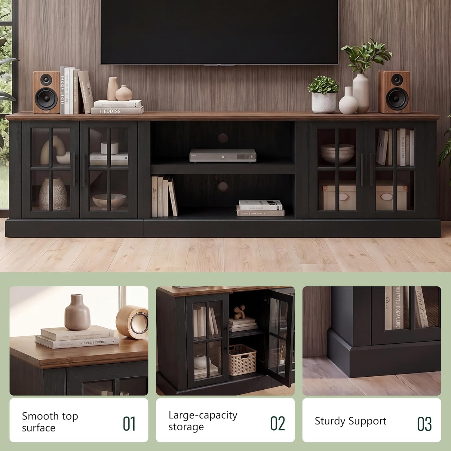 Breezestival 90" Farmhouse TV Stand for TVs up to 100", Media Entertainment Center with Adjustable Shelves and Large Storage Cabinets, for Living Room, Black