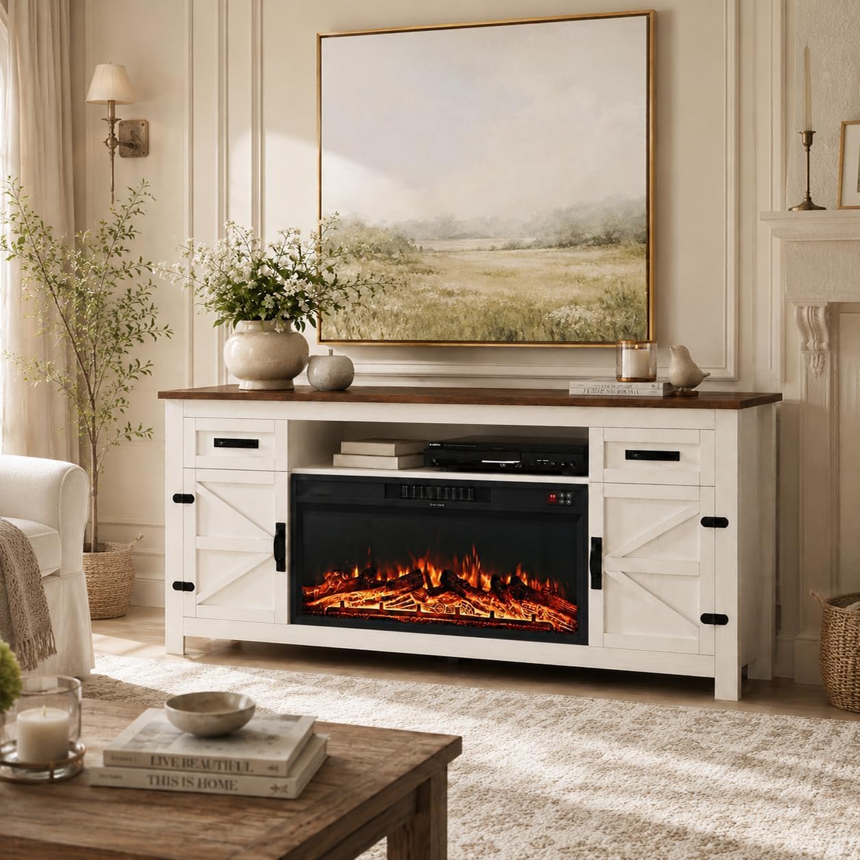 Nordivale Fireplace TV Stand with Barn Door, Farmhouse Fireplace Entertainment Center with Electric Fireplace and Storage for Living Room, 70inch, White