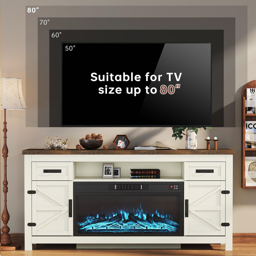 DATEYES Fireplace TV Stand with Barn Door, Farmhouse Entertainment Center with Fireplace, TV Console for Living Room