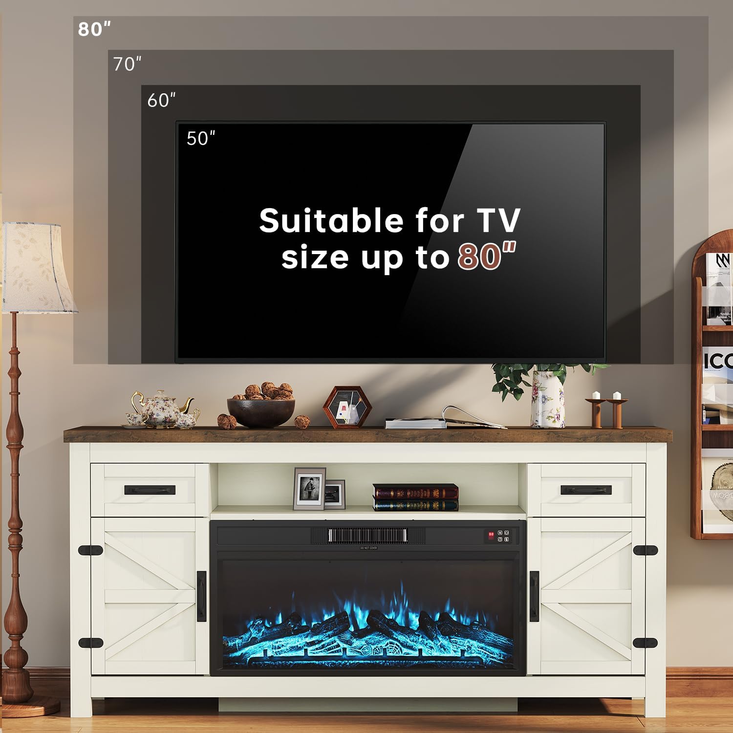 DATEYES Fireplace TV Stand with Barn Door, Farmhouse Entertainment Center with Fireplace, TV Console for Living Room