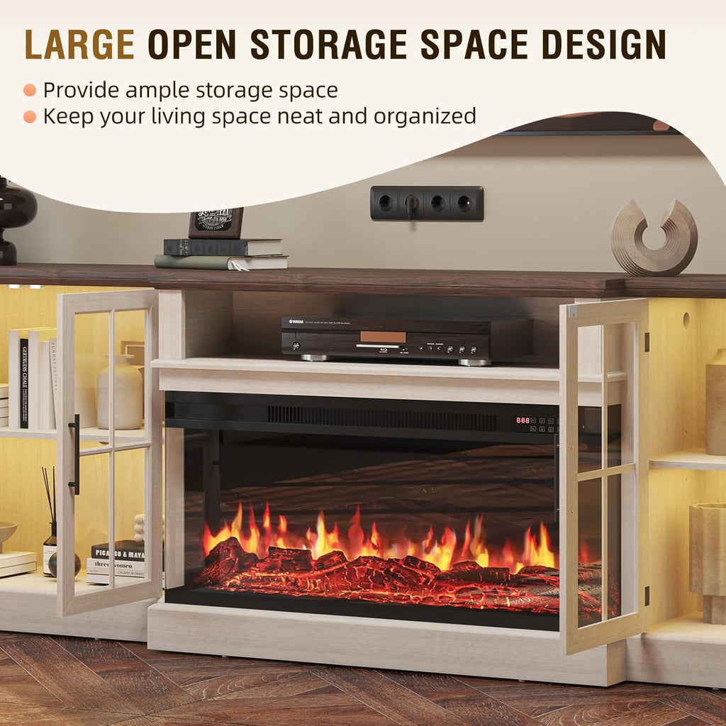 Nordivale 98" Farmhouse Fireplace TV Stand,Tv Console with 36" Fireplace for TVs up to 100", Entertainment Center with Adjustable Shelves and Large Storage Cabinets, for Living Room, White & Black