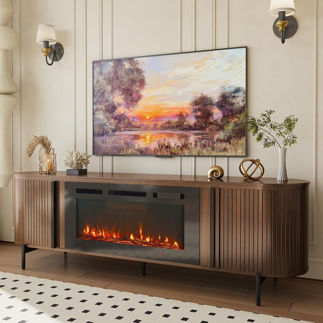 Luxury 70" Fluted TV Stand with Fireplace, Mid Century Modern TV Stand, Entertainment Center for TVs Up to 80", Electric Fireplace TV Console for Living Room with Storage,70 Inch, Brown