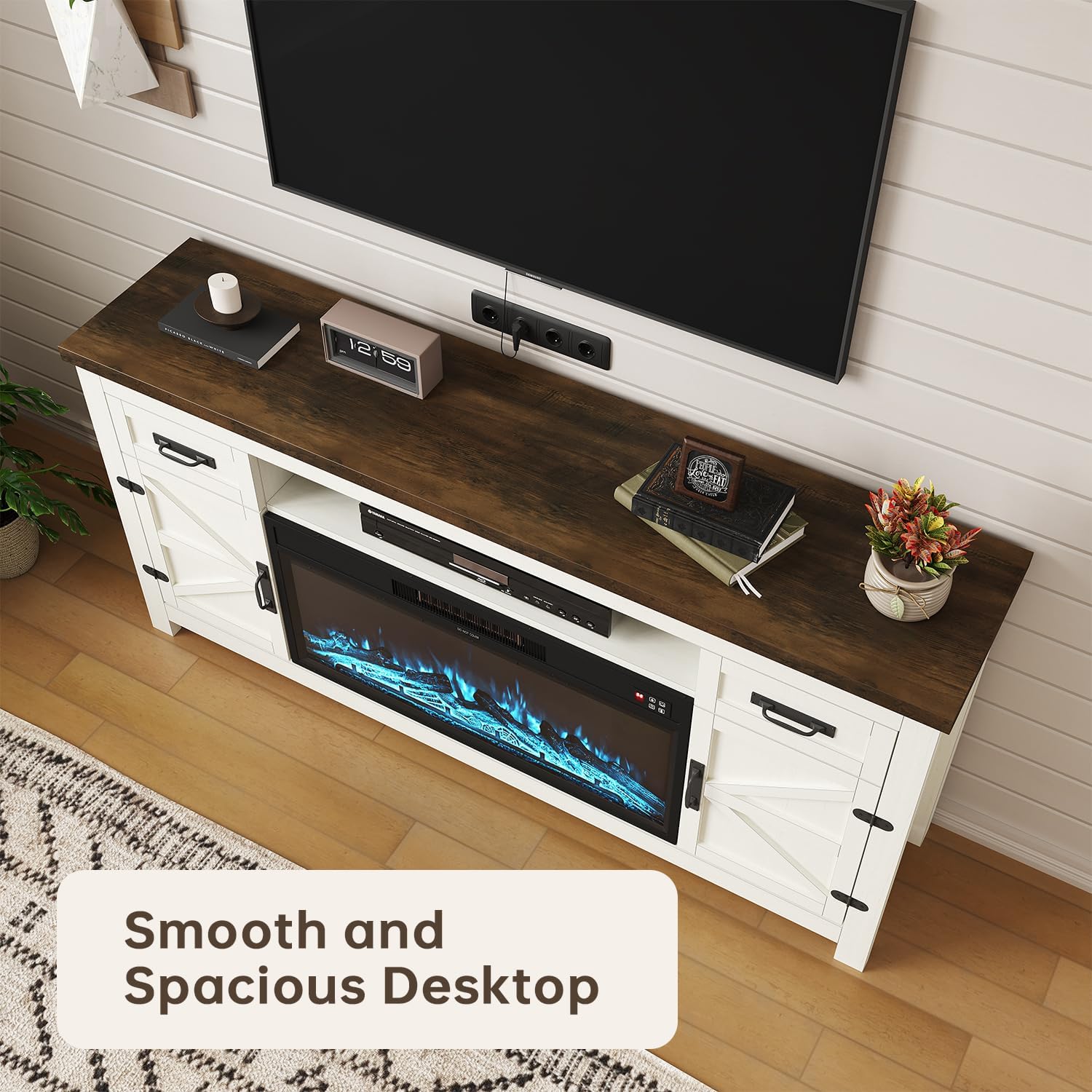 DATEYES Fireplace TV Stand with Barn Door, Farmhouse Entertainment Center with Fireplace, TV Console for Living Room