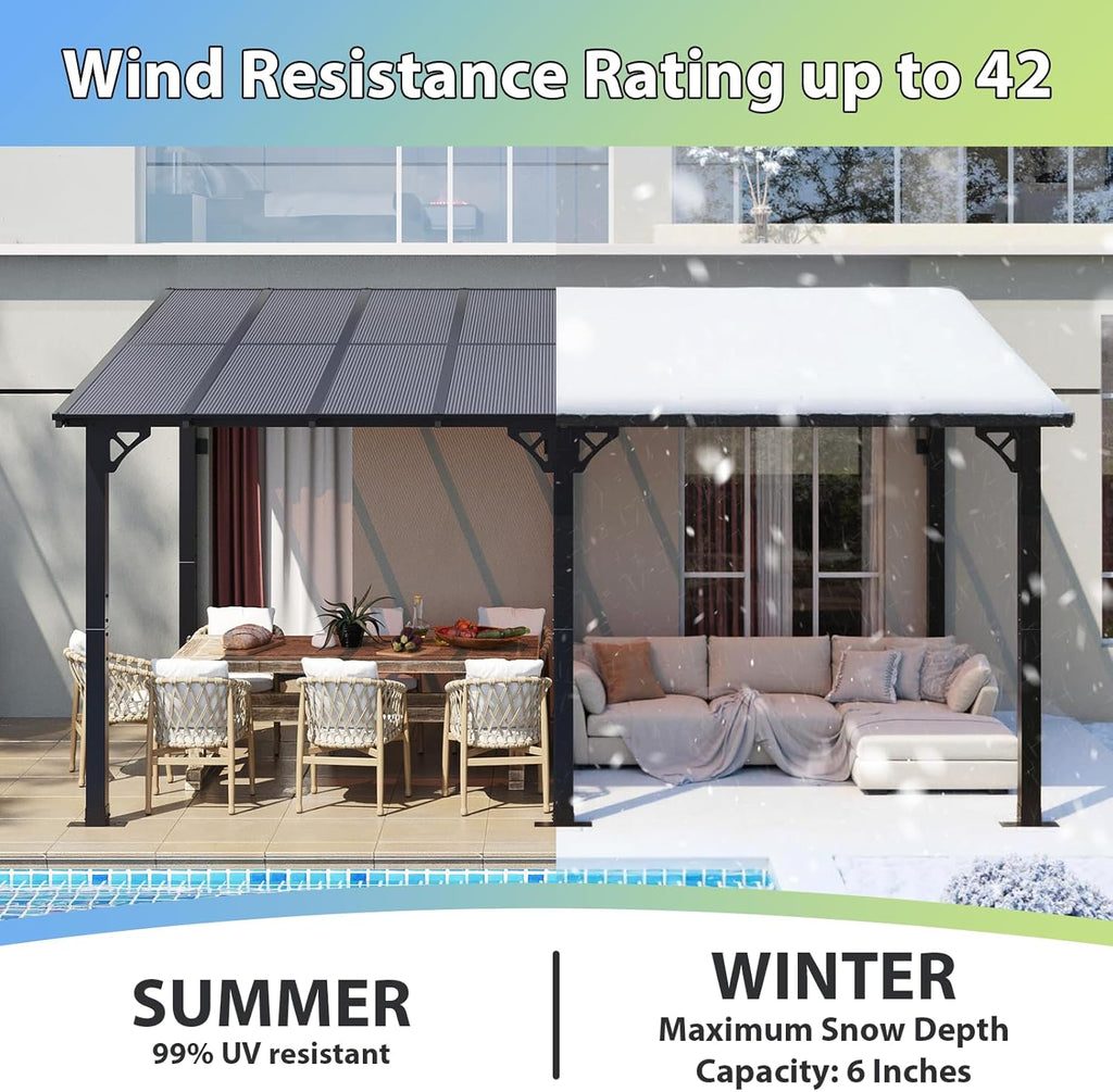 Aoxun 16’x 10’ Premium Gazebo with Aluminum Top Frame & Polycarbonate Panel, Wall Mounted Gazebos Pergola, Outdoor Patio Lean to Gazebo, Awnings with Sloped Roof, for Backyard, Porch, Deck, Black