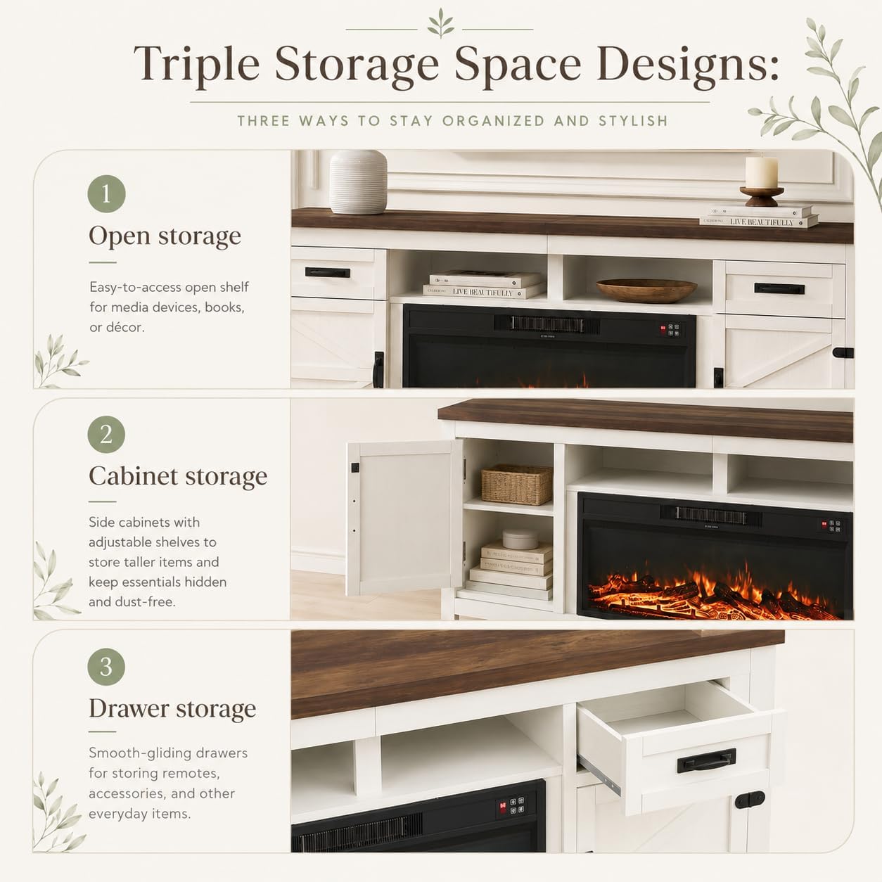 Nordivale Fireplace TV Stand with Barn Door, Farmhouse Fireplace Entertainment Center with Electric Fireplace and Storage for Living Room, 80inch, White