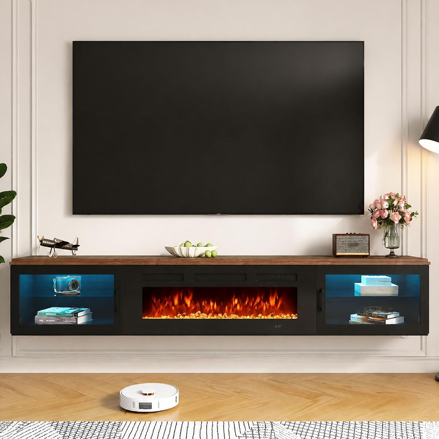 Nordivale 80" Floating TV Stand with 36" Electric Fireplace, Floating Wall Mounted Fireplace Entertainment Center with Storage for TVs Up to 90",Fireplace TV Console for Living Room，Walnut &Black